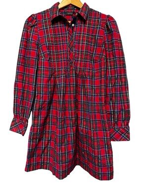 Vineyard Vines Pippa Poplin Dress Small Red Plaid Christmas Mini Long Sleeve